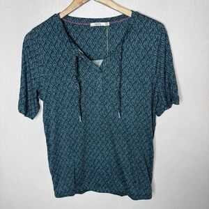 New Cecil Minimal Rhombus Teal Short Sleeve Tunic Top Elastic Waist Womens Small